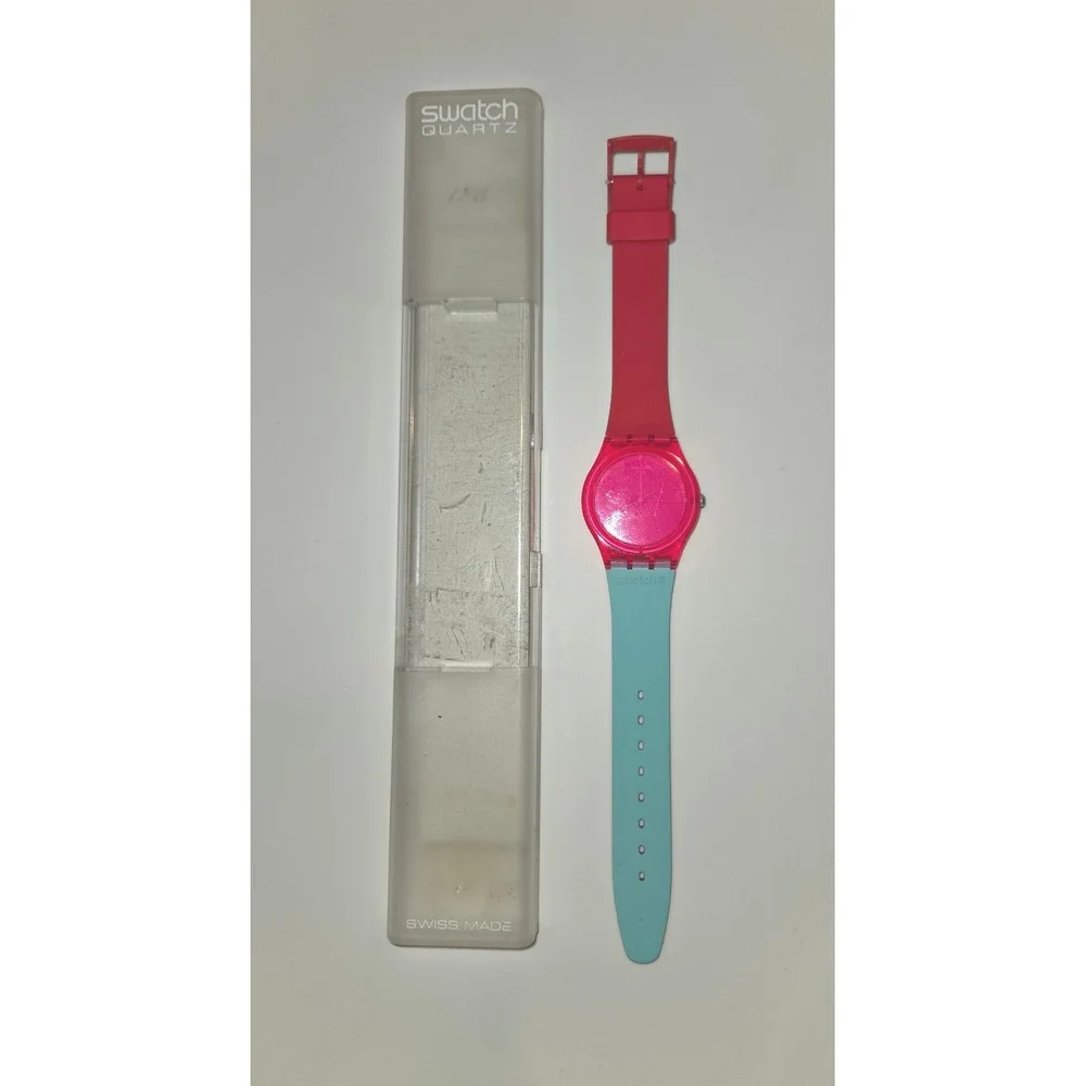 VTG Swatch Pop Quartz‎ Watch – Swiss Made, Pink & Aqua w/ Original Case & Docs